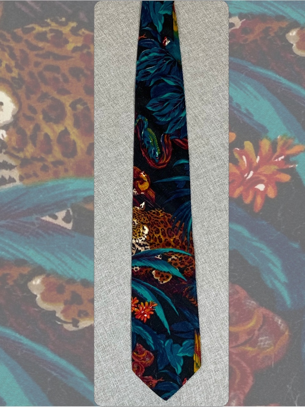 Vintage Jungle Leopard Parrot Tie Tropical Rainforest Snake Animal Print Necktie